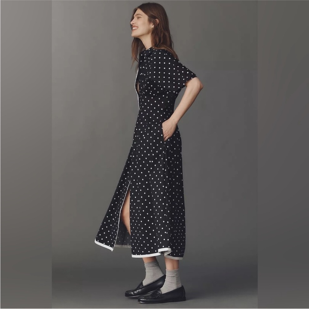 Anthropologie Black Polka Dot Midi Dress with White Trim - Picture 3 of 10